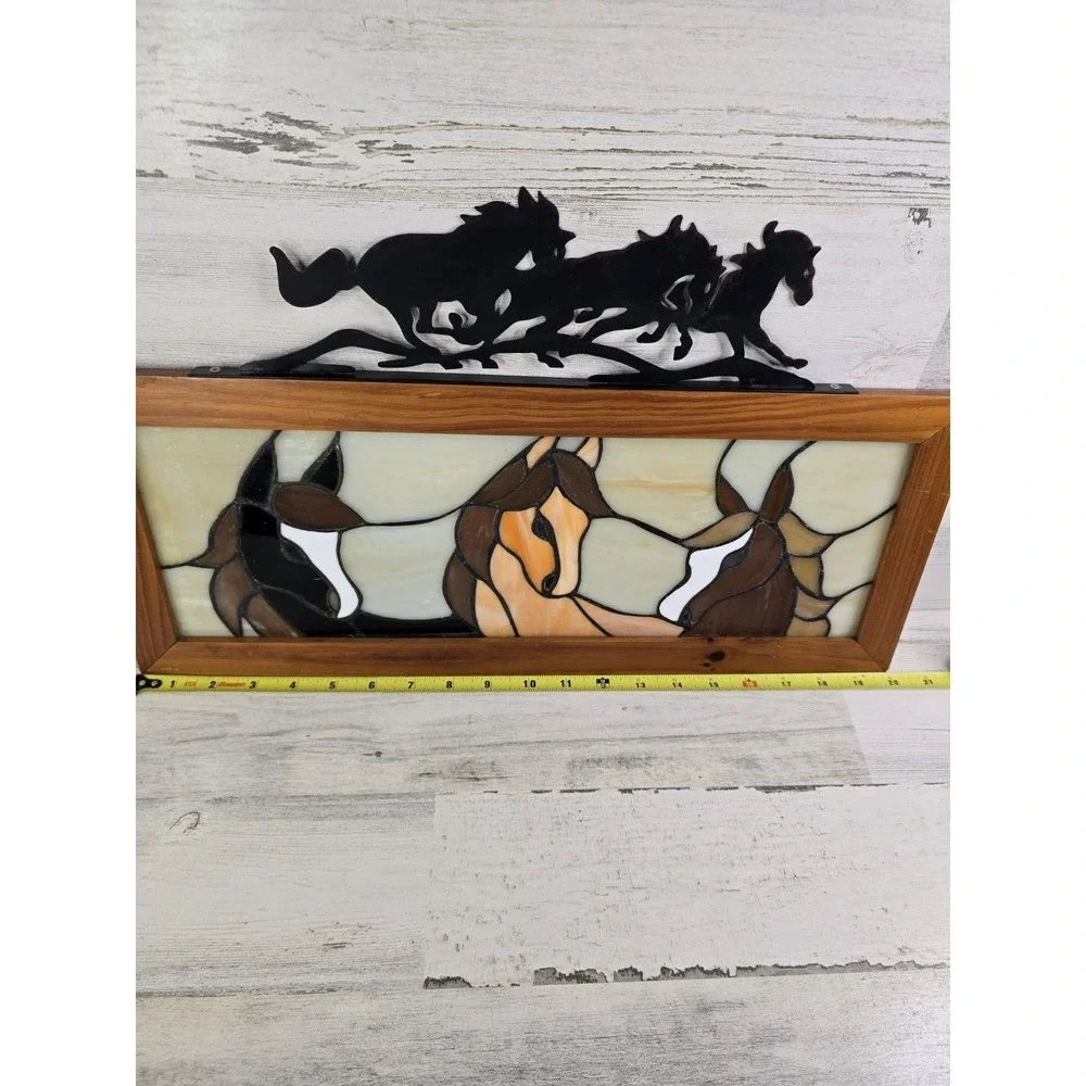 Rustic Stained Glass Horse Wall Art Wood Frame Metal Galloping Horses Topper